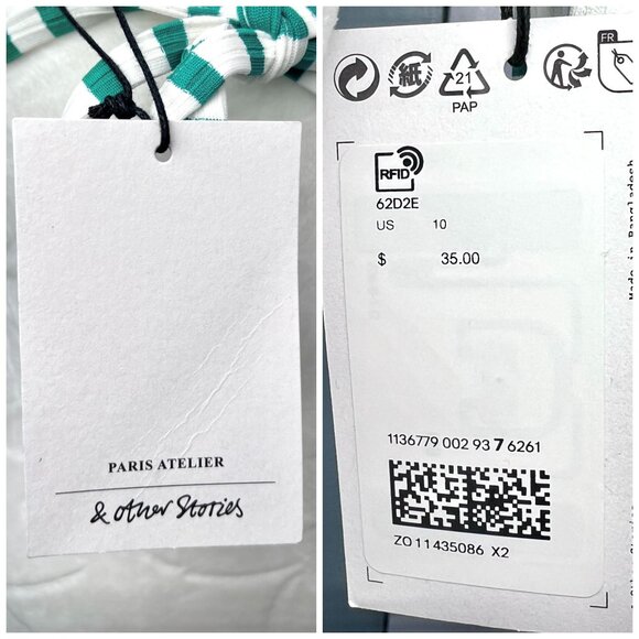 & Other Stories Green White Striped Triangle Bikini Top Tie Back Size 10 NWT - Picture 4 of 10